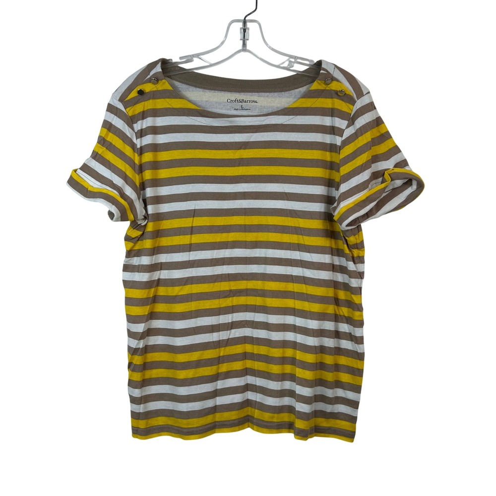 Croft & Barrow Womens Large Striped Boat Neck Button Shoulder‎ Cotton Tee Yellow